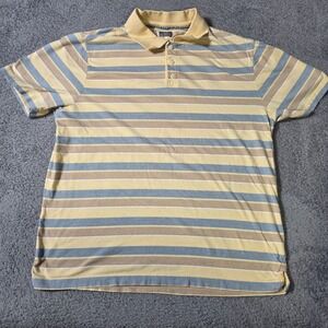 JOE Joseph Abboud Mens L Polo Shirt Yellow Blue Tan Striped Cotton Short Sleeve